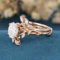 Nature Inspired Oval cut Moissanite Leaf Gold ring set