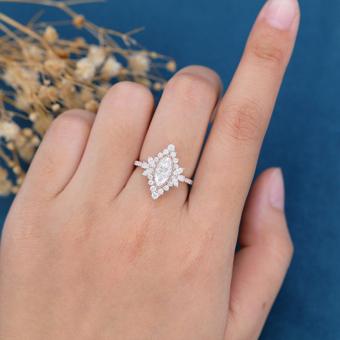 1 Carat Marquise cut Moissanite Halo Cluster Engagement Ring