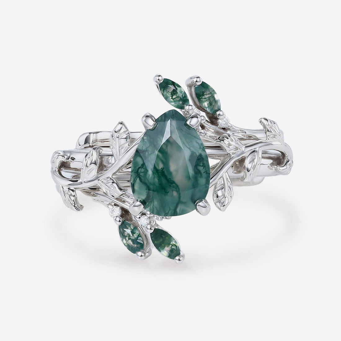 Nature Inspired 1.2Carat Pear cut Moss Agate Leaf Rose Gold Wedding Bridal Set