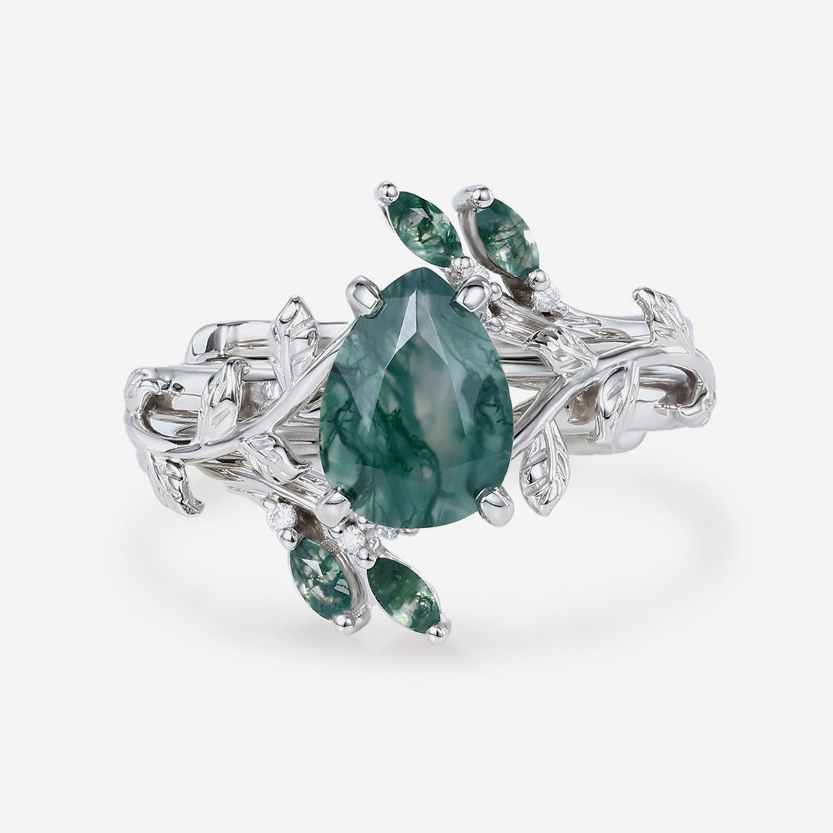 Nature Inspired 1.2Carat Pear cut Moss Agate Leaf Rose Gold Wedding Bridal Set