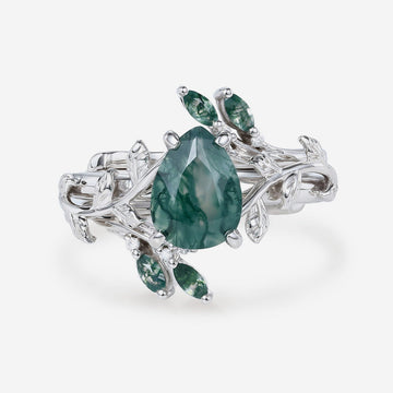 Nature Inspired 1.2Carat Pear cut Moss Agate Leaf Rose Gold Wedding Bridal Set