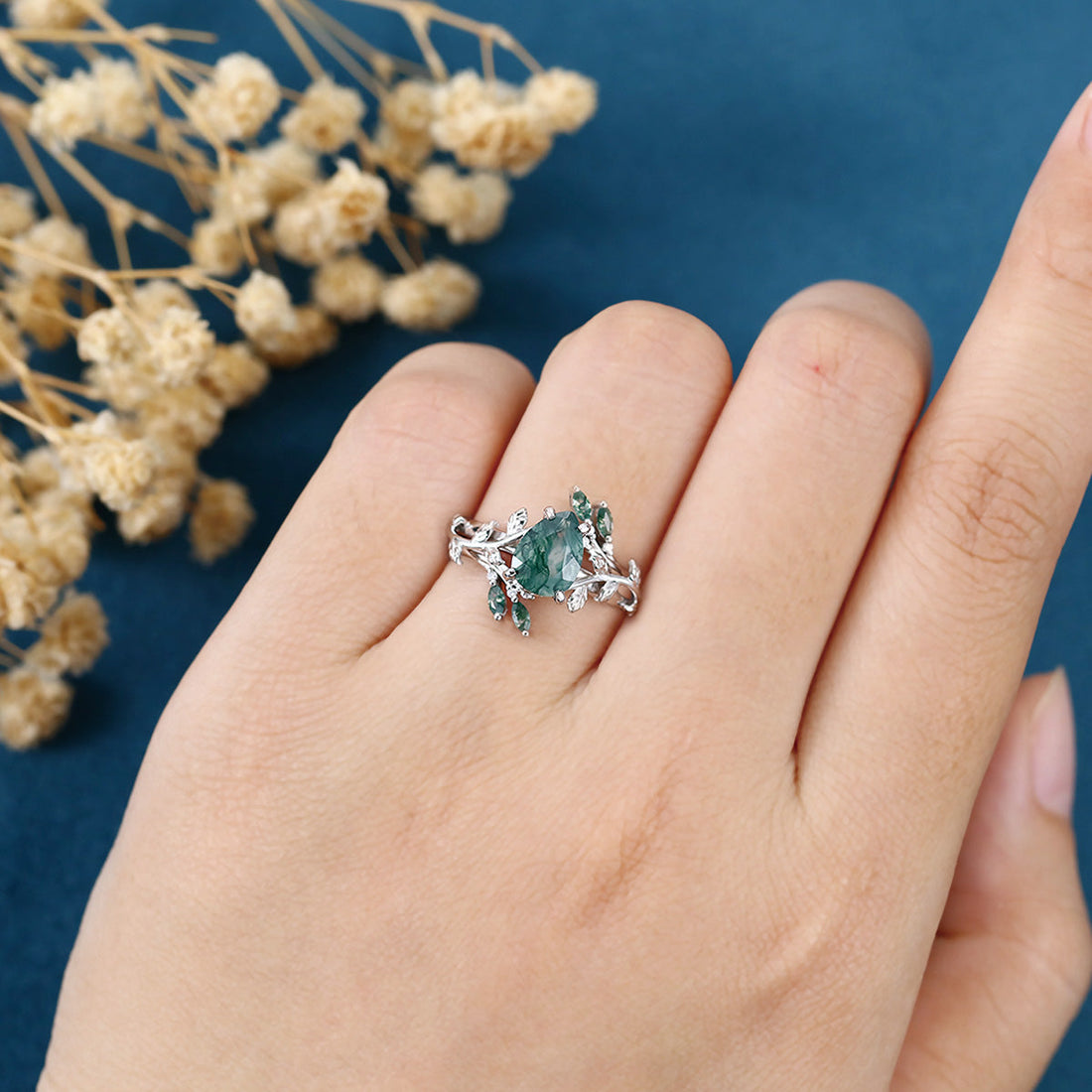 Nature Inspired 1.2Carat Pear cut Moss Agate Leaf Rose Gold Wedding Bridal Set