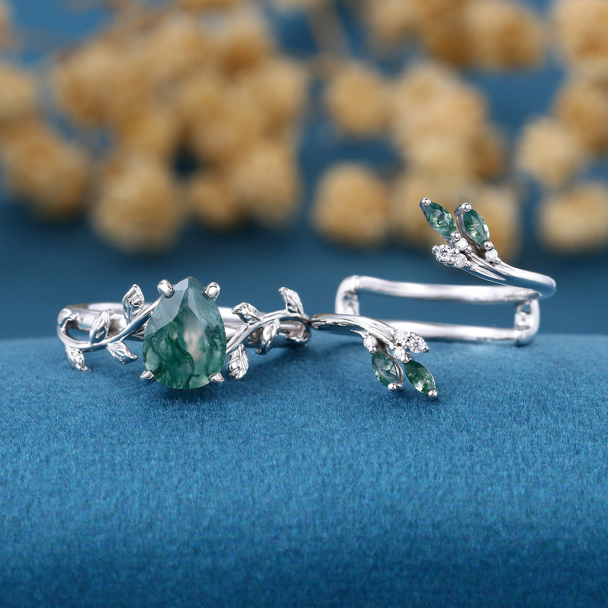 Nature Inspired 1.2Carat Pear cut Moss Agate Leaf Rose Gold Wedding Bridal Set
