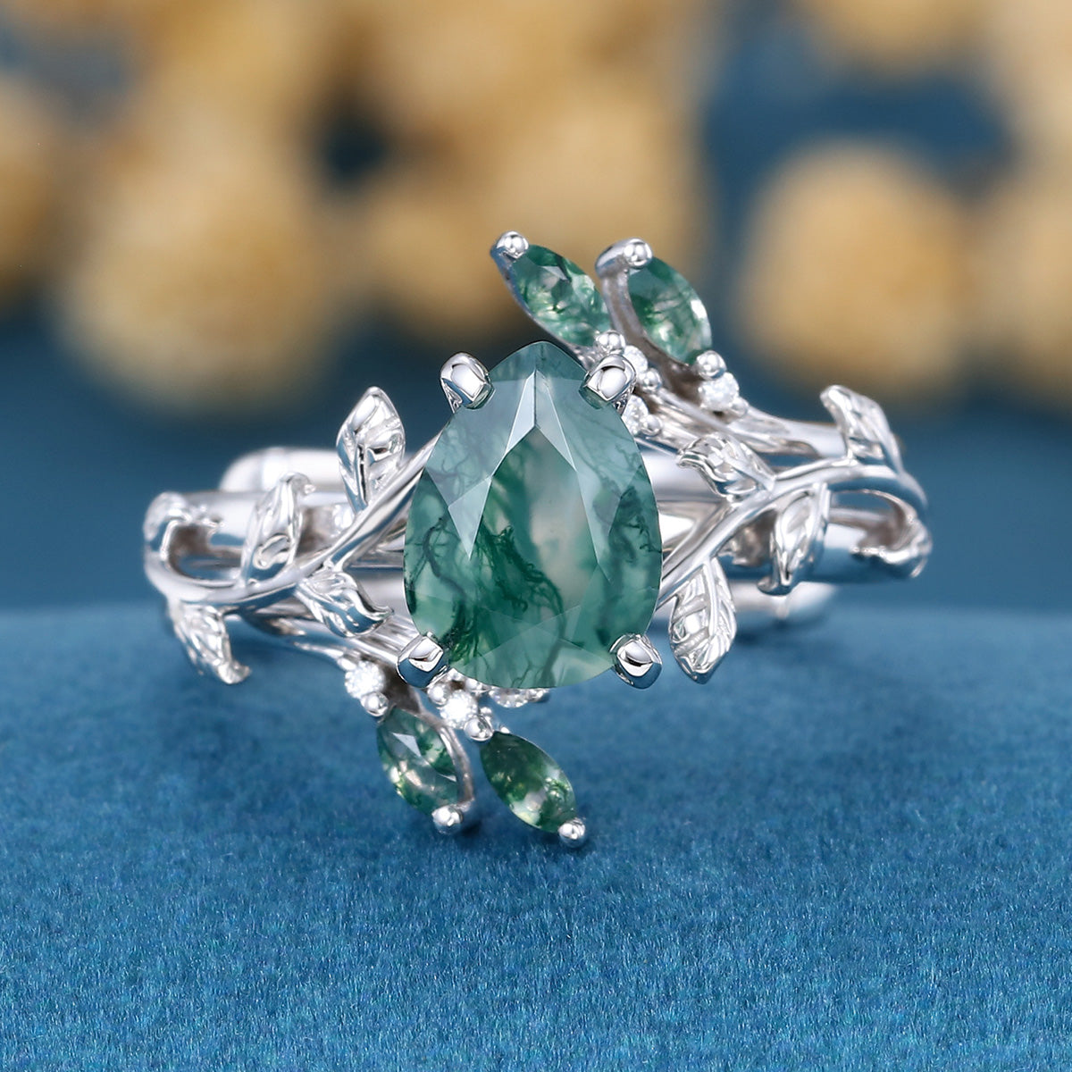 Nature Inspired 1.2Carat Pear cut Moss Agate Leaf Rose Gold Wedding Bridal Set