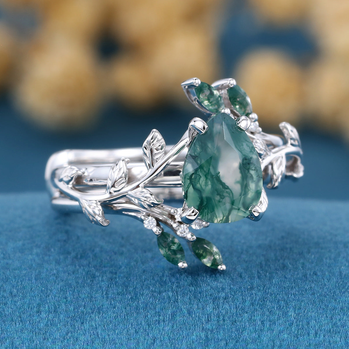 Nature Inspired 1.2Carat Pear cut Moss Agate Leaf Rose Gold Wedding Bridal Set