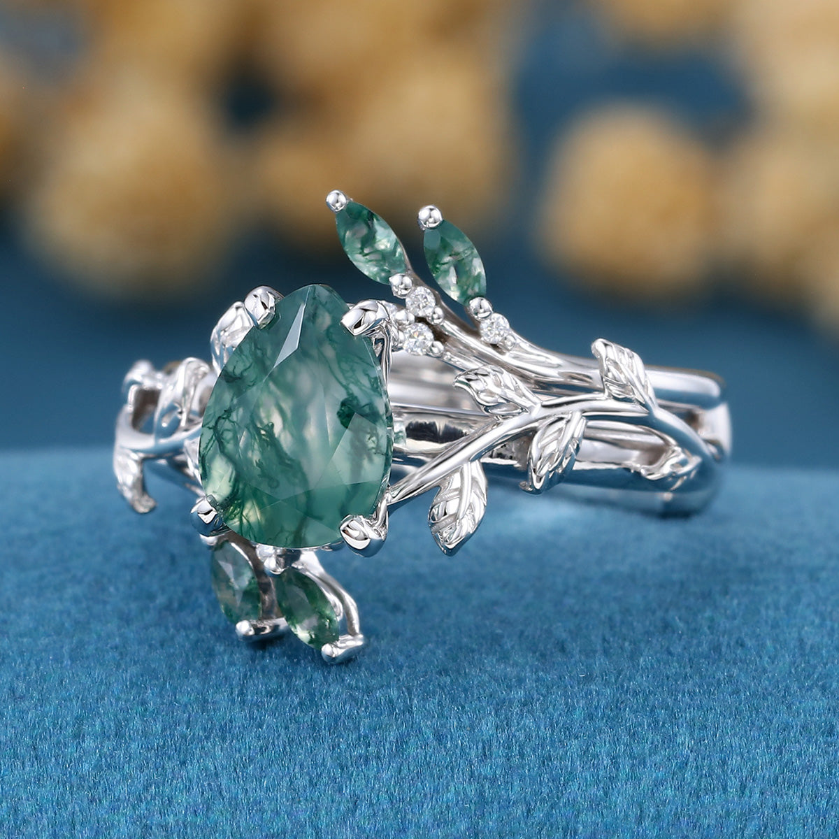 Nature Inspired 1.2Carat Pear cut Moss Agate Leaf Rose Gold Wedding Bridal Set