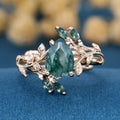 Nature Inspired 1.2Carat Pear cut Moss Agate Leaf Rose Gold Wedding Bridal Set