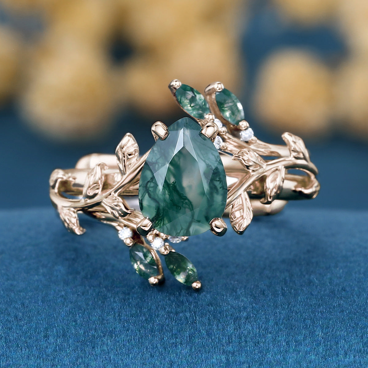 Nature Inspired 1.2Carat Pear cut Moss Agate Leaf Rose Gold Wedding Bridal Set