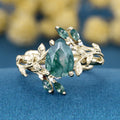 Nature Inspired 1.2Carat Pear cut Moss Agate Leaf Rose Gold Wedding Bridal Set