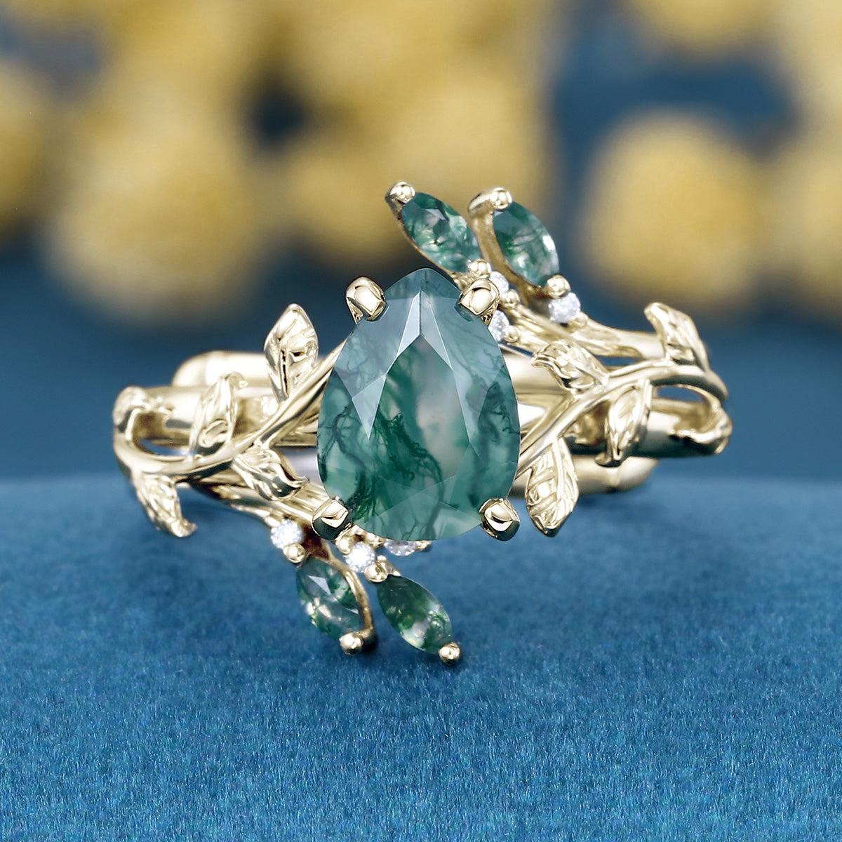 Nature Inspired 1.2Carat Pear cut Moss Agate Leaf Rose Gold Wedding Bridal Set