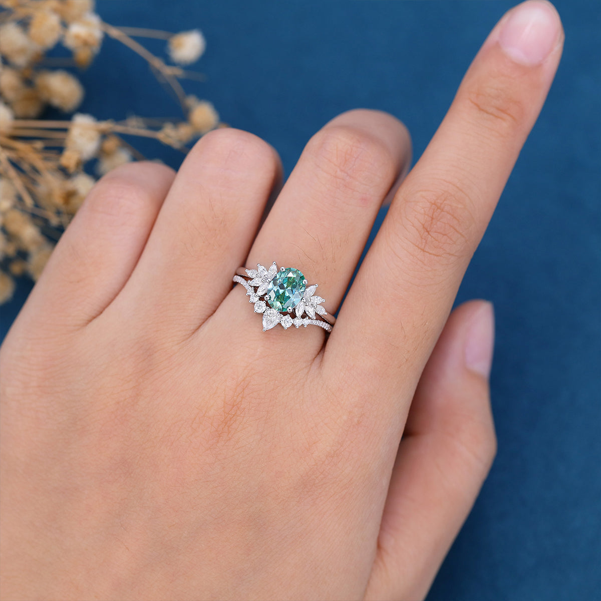 Oval cut Green Moissanite Engagement ring Bridal Set