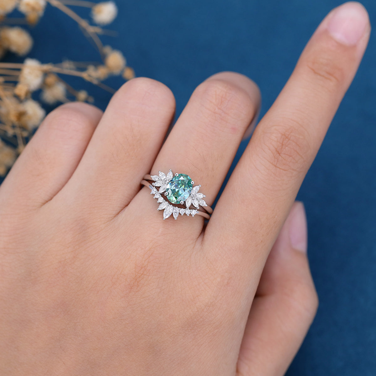 1.4Carat Oval Green Moissanite Cluster Engagement ring Bridal Set