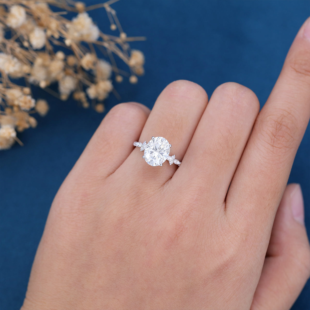 Oval cut Moissanite Half eternity Engagement Ring