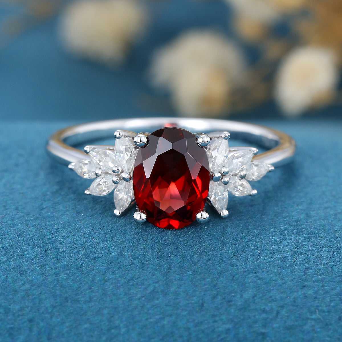 Oval cut garnet Cluster Engagement ring