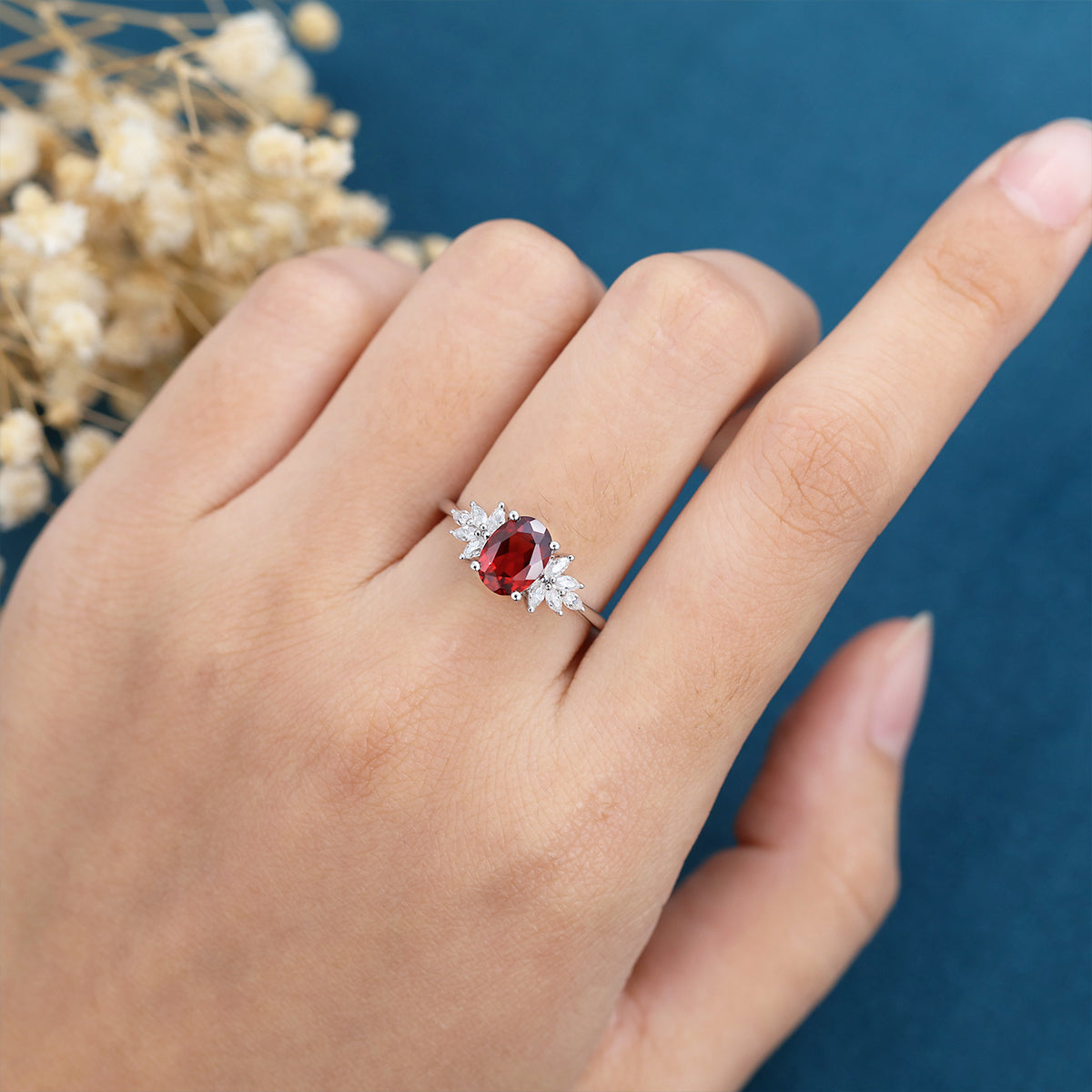 Oval cut garnet Cluster Engagement ring