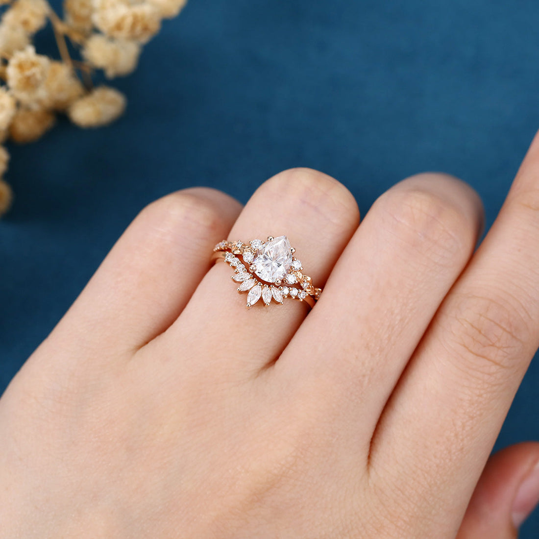 Pear Cut Moissanite Rose Gold Wedding Bridal Set