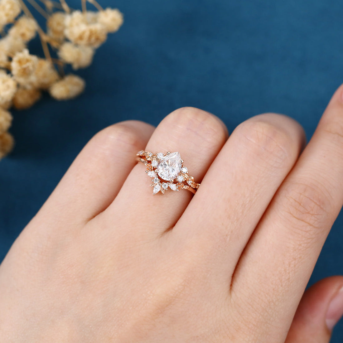 Pear Cut Moissanite Rose Gold Wedding Bridal Set