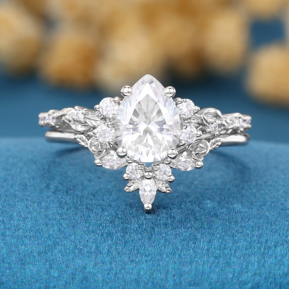 Pear Cut Moissanite Rose Gold Wedding Bridal Set