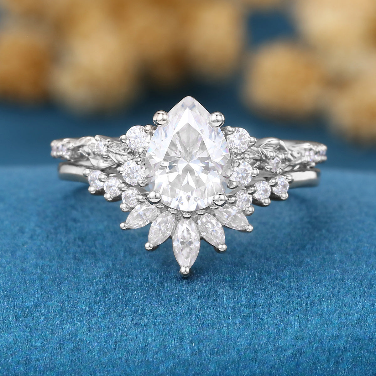Pear Cut Moissanite Rose Gold Wedding Bridal Set