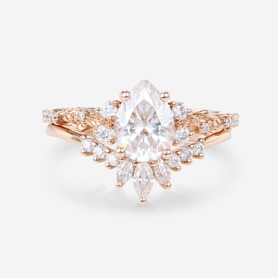 Pear Cut Moissanite Rose Gold Wedding Bridal Set