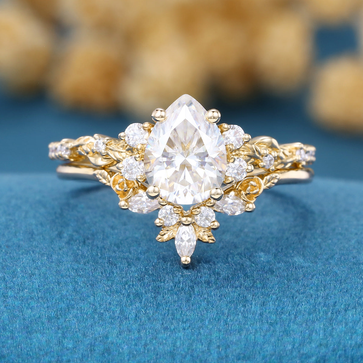 Pear Cut Moissanite Rose Gold Wedding Bridal Set