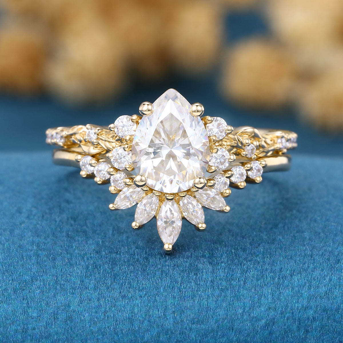 Pear Cut Moissanite Rose Gold Wedding Bridal Set