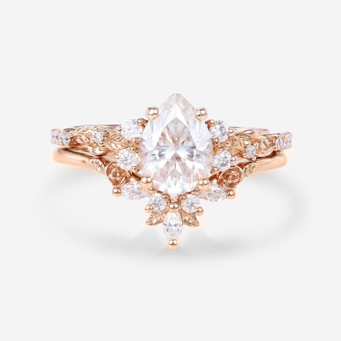 Pear Cut Moissanite Rose Gold Wedding Bridal Set