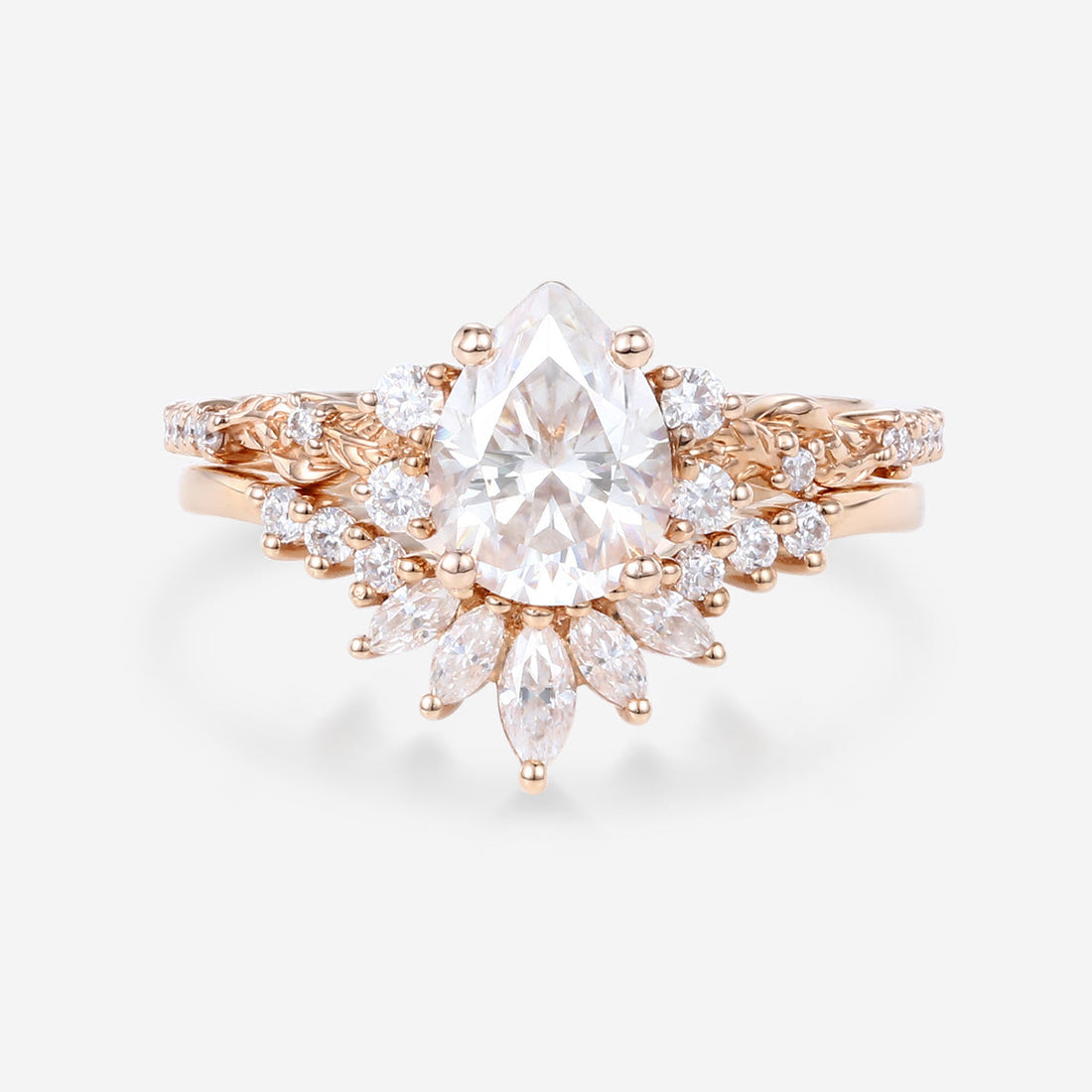 Pear Cut Moissanite Rose Gold Wedding Bridal Set