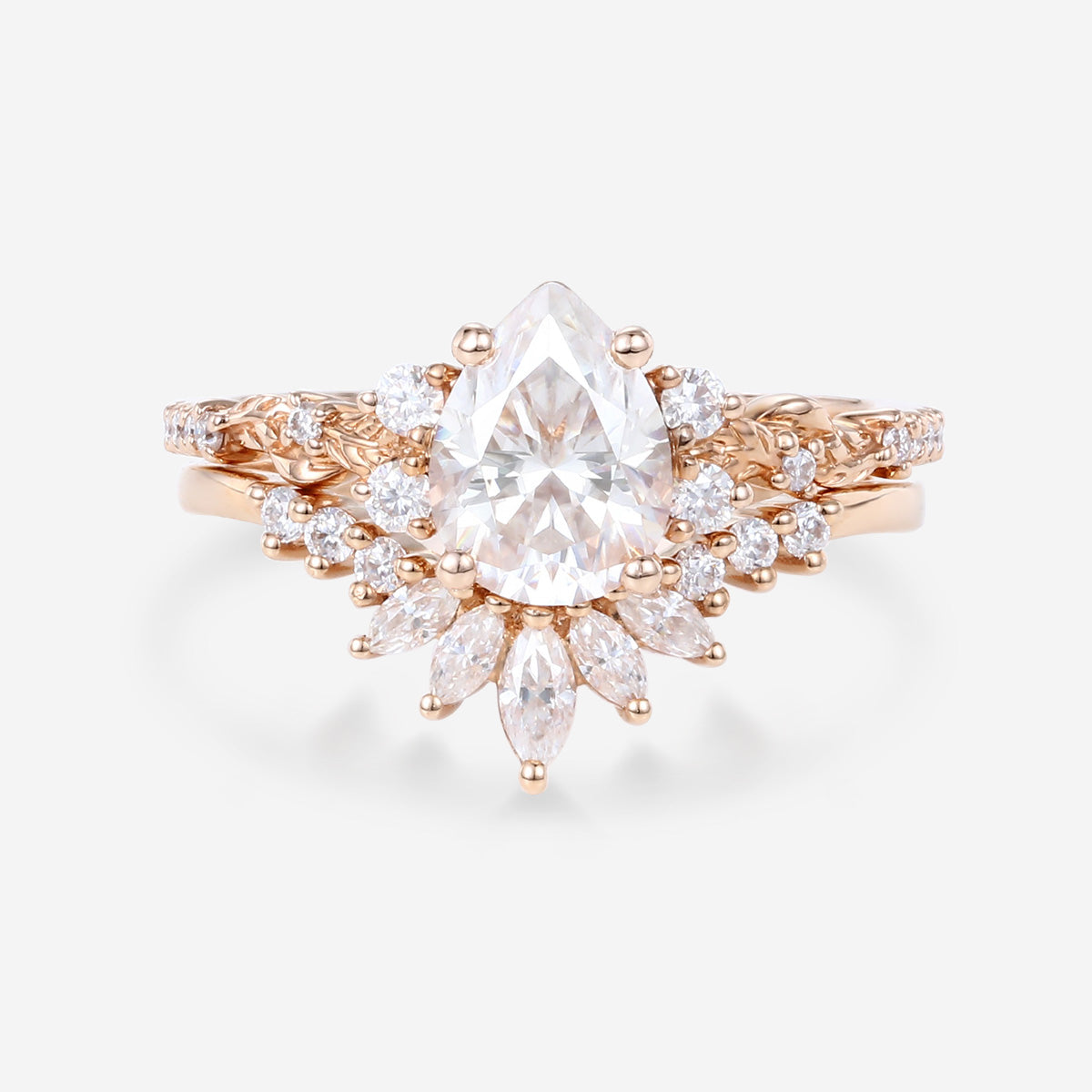 Pear Cut Moissanite Rose Gold Wedding Bridal Set