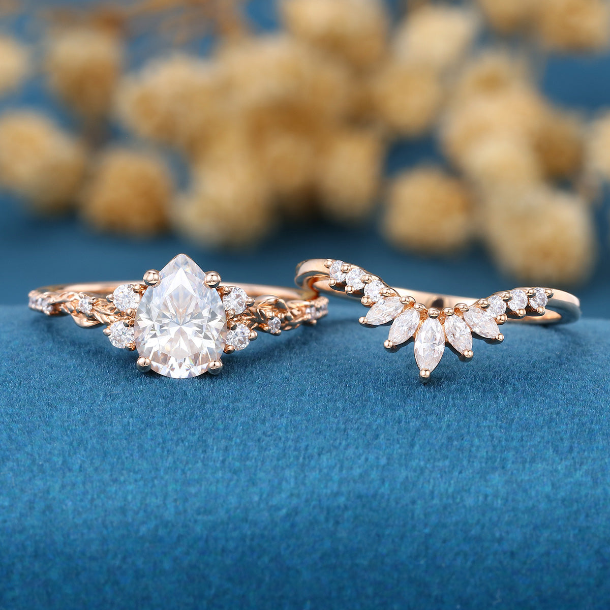 Pear Cut Moissanite Rose Gold Wedding Bridal Set