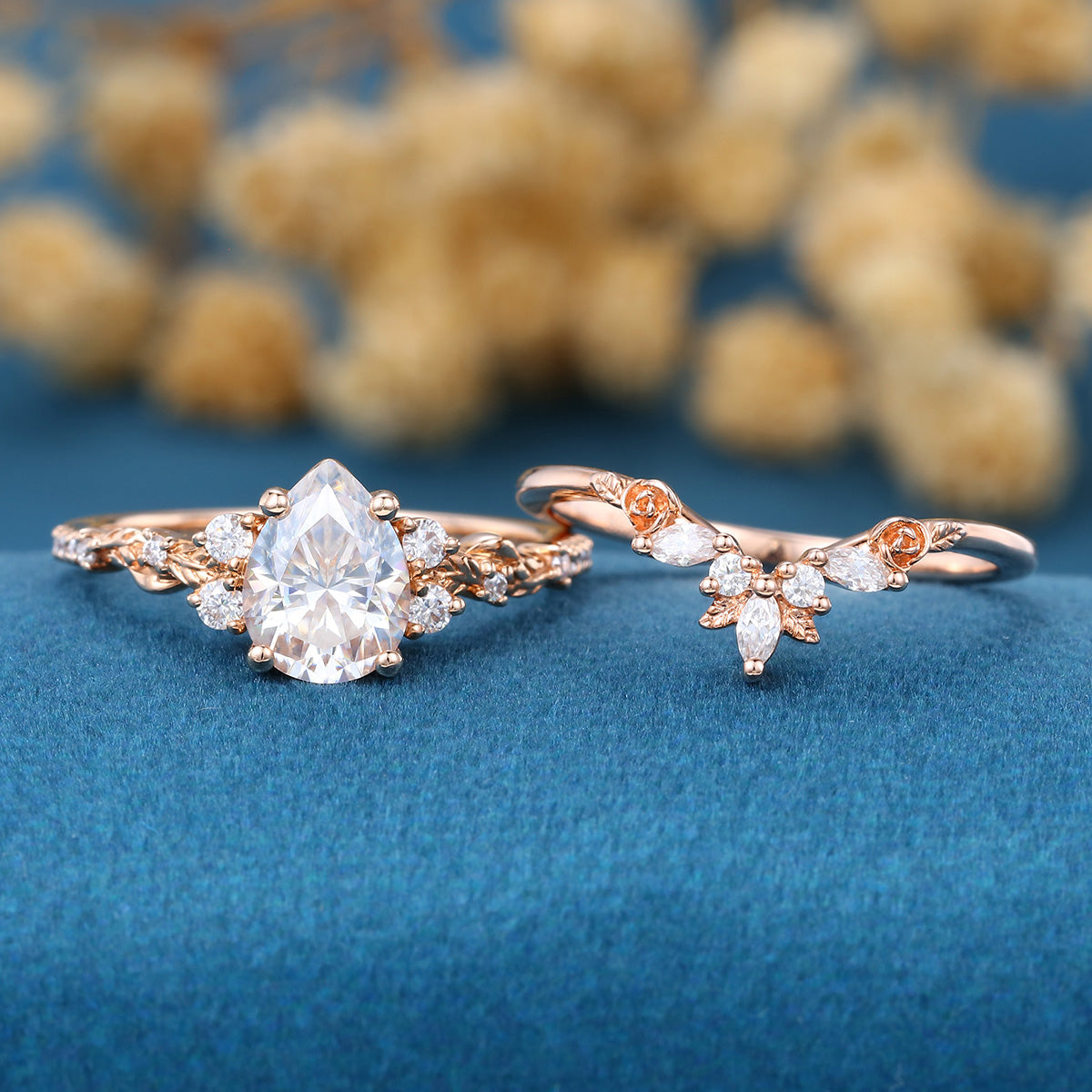 Pear Cut Moissanite Rose Gold Wedding Bridal Set