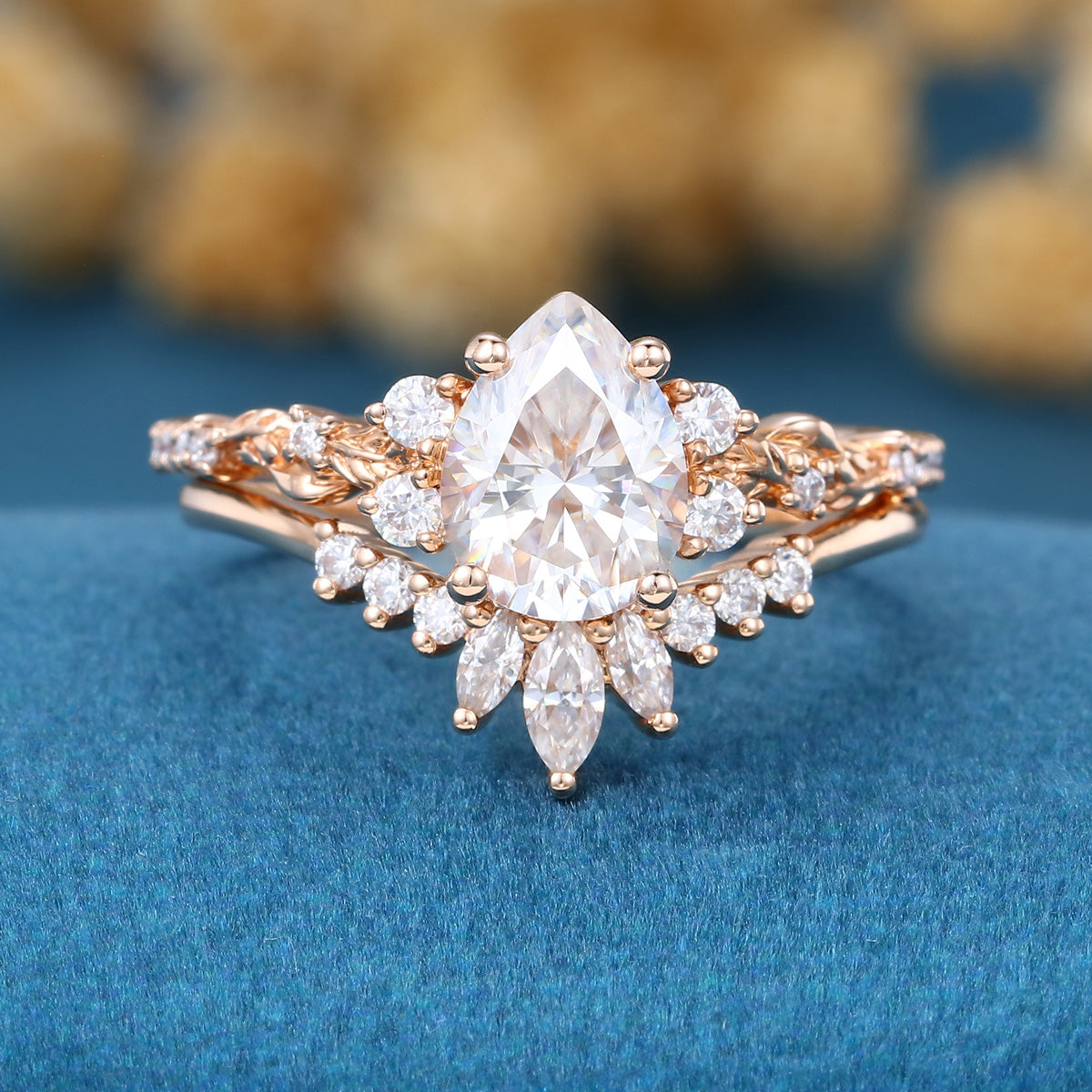 Pear Cut Moissanite Rose Gold Wedding Bridal Set