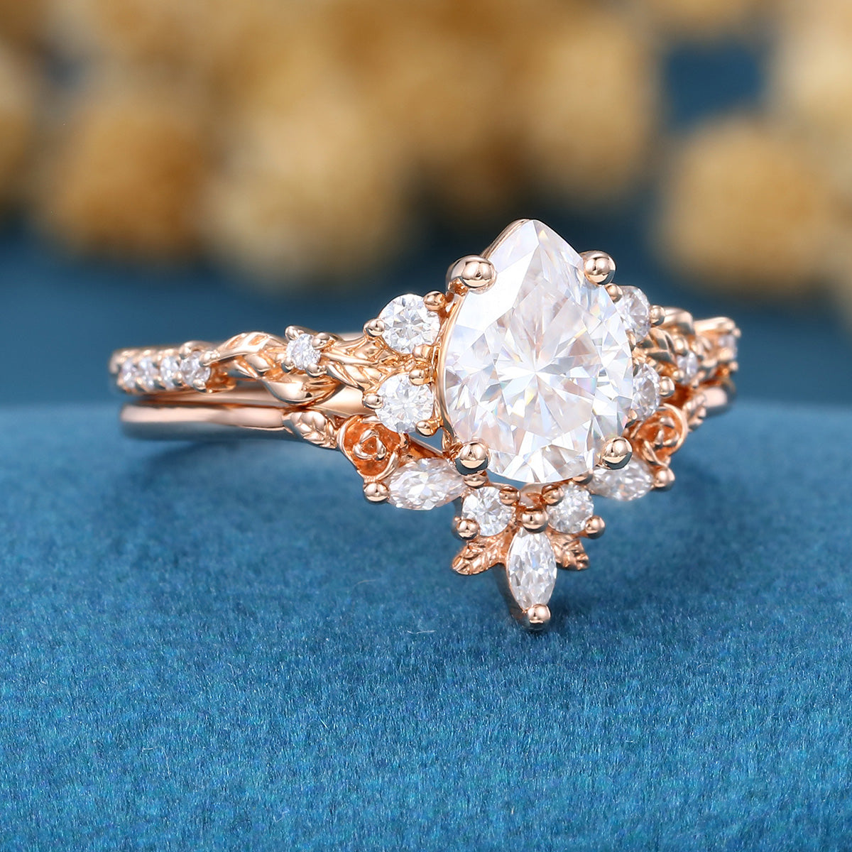Pear Cut Moissanite Rose Gold Wedding Bridal Set