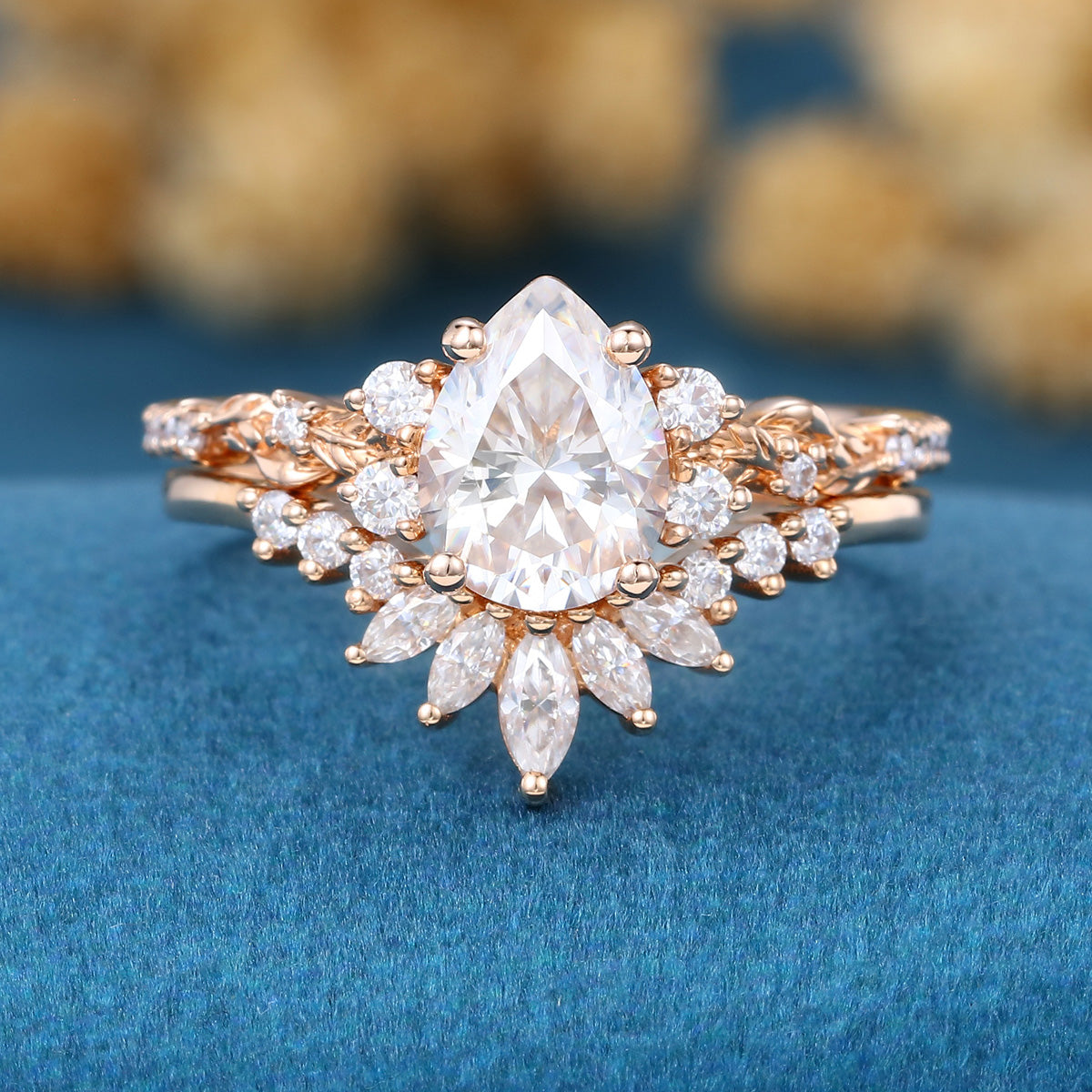 Pear Cut Moissanite Rose Gold Wedding Bridal Set