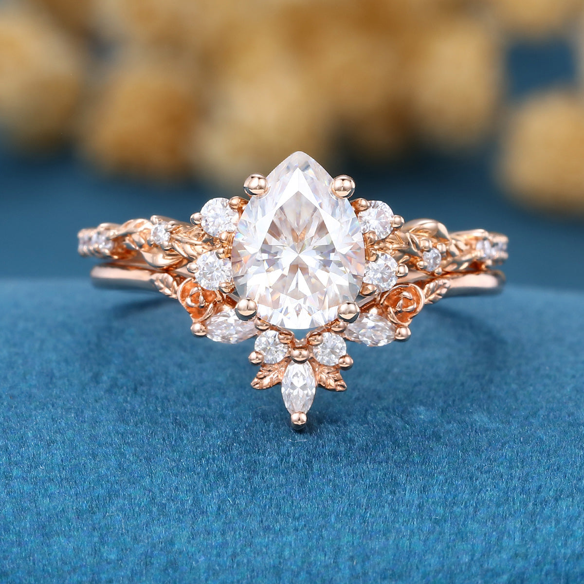 Pear Cut Moissanite Rose Gold Wedding Bridal Set