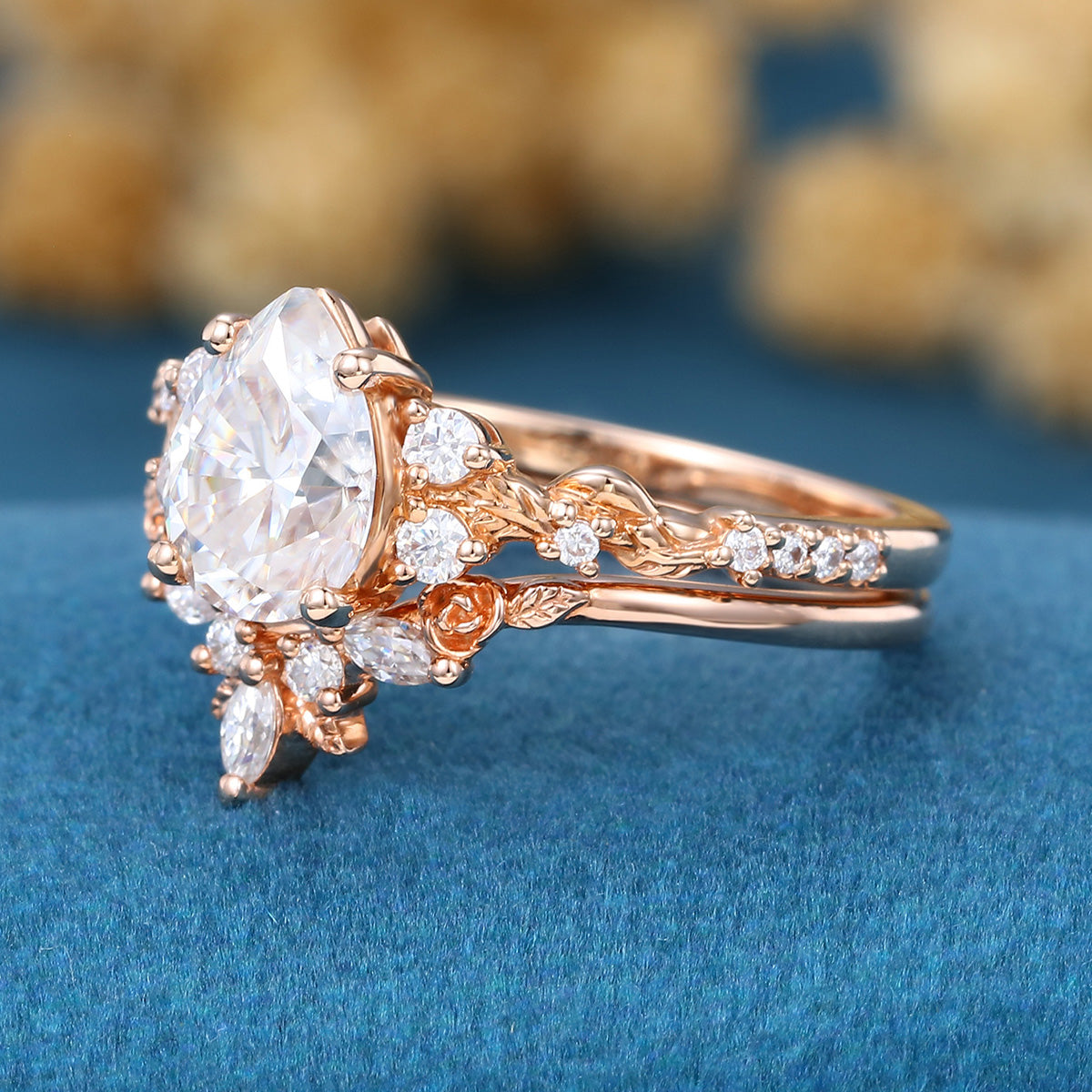 Pear Cut Moissanite Rose Gold Wedding Bridal Set