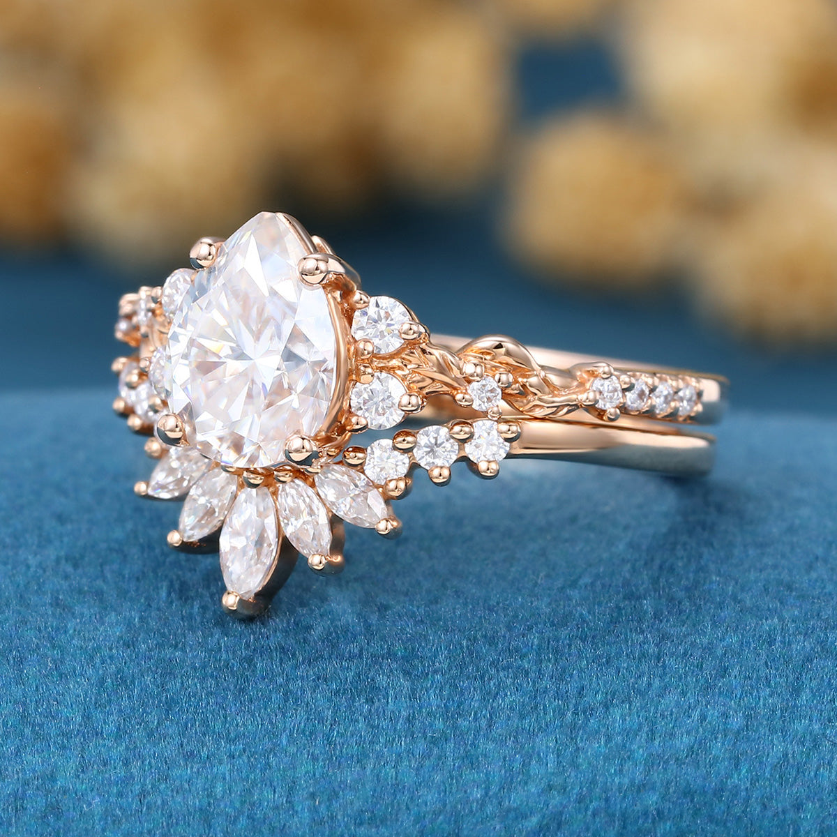 Pear Cut Moissanite Rose Gold Wedding Bridal Set