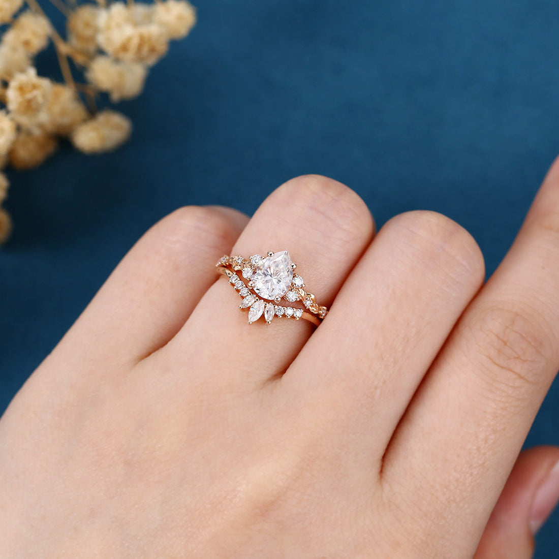 Pear Cut Moissanite Rose Gold Wedding Bridal Set