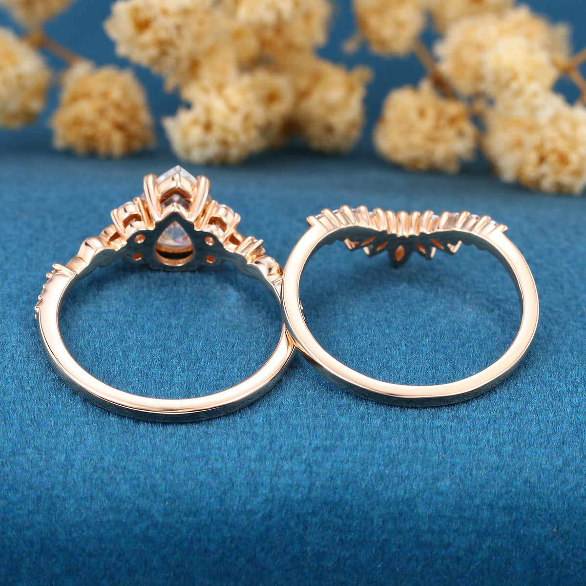 Pear Cut Moissanite Rose Gold Wedding Bridal Set