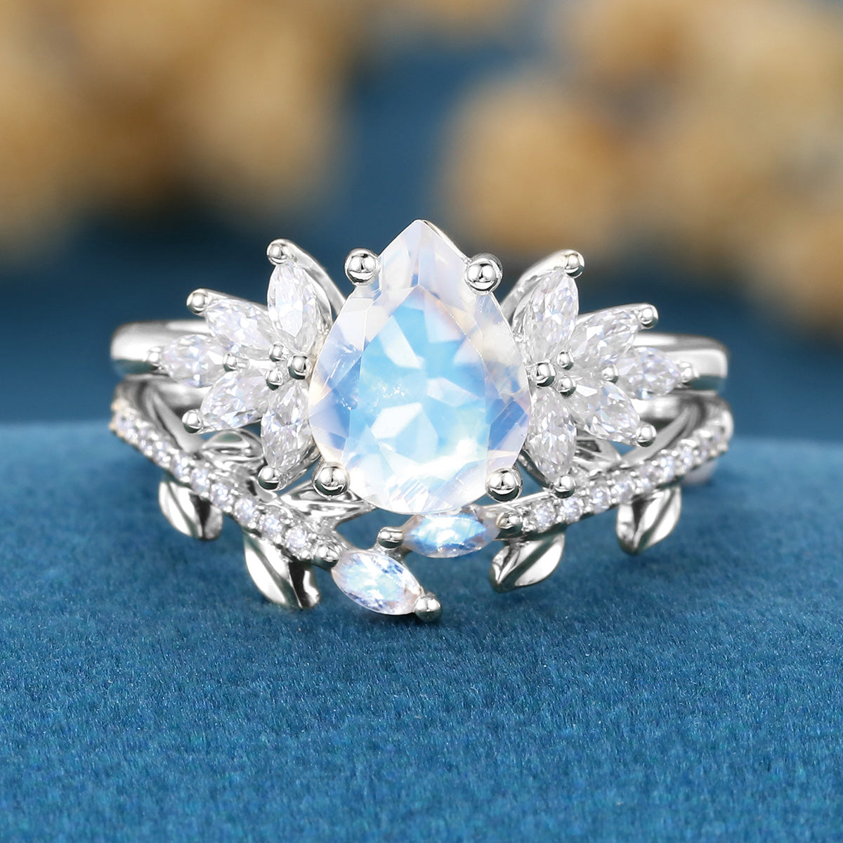 Pear cut Moonstone | Moissanite Cluster Wedding Bridal Set