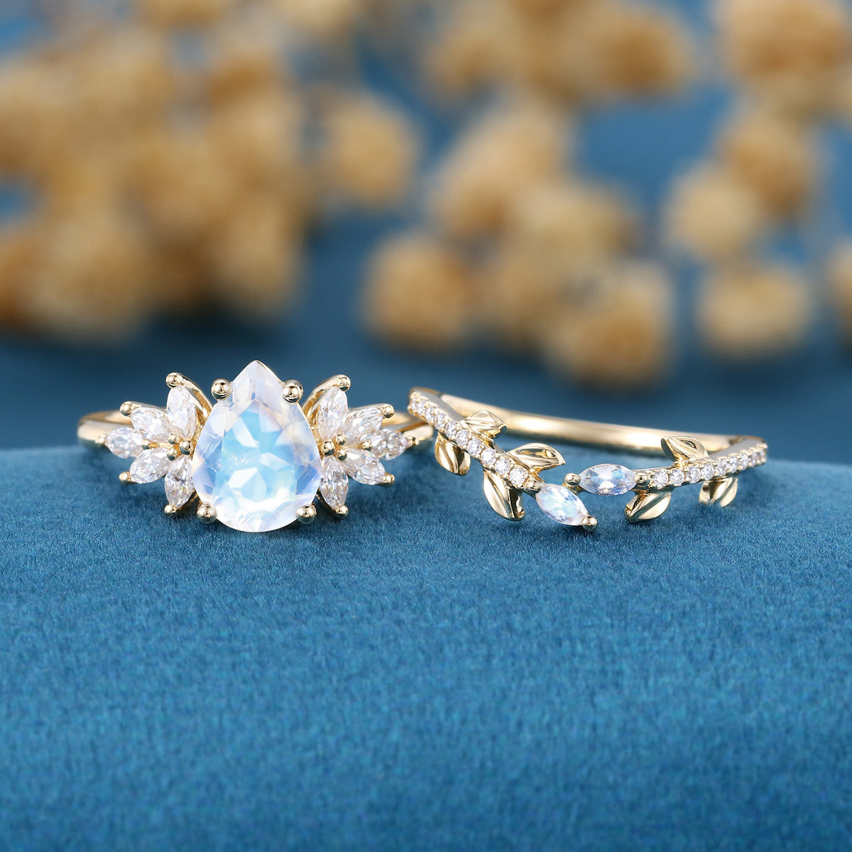 Pear cut Moonstone | Moissanite Cluster Wedding Bridal Set