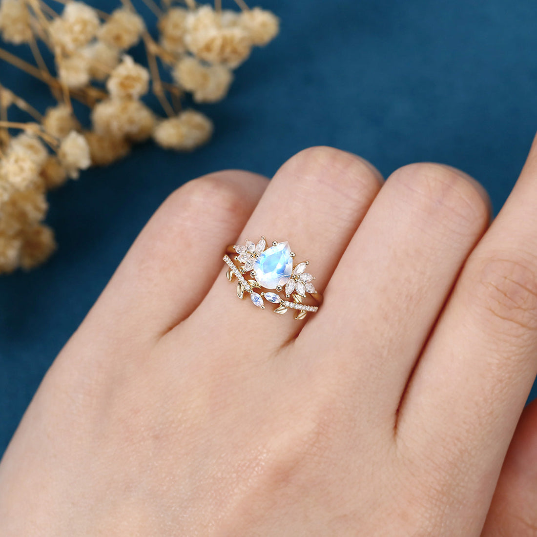 Pear cut Moonstone | Moissanite Cluster Wedding Bridal Set
