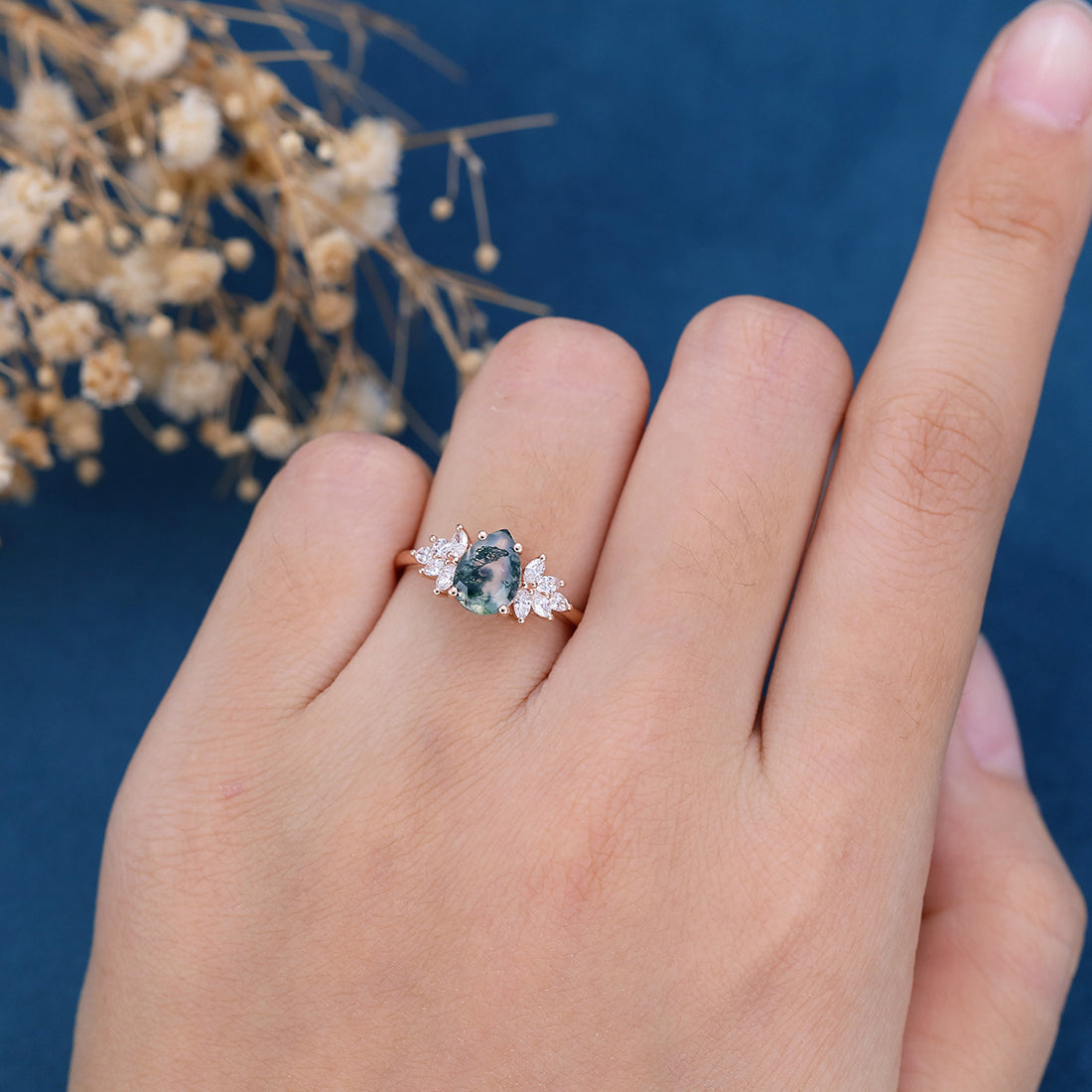 1.2 Carat Moss Agate Natural Green Pear cut Cluster Engagement rings