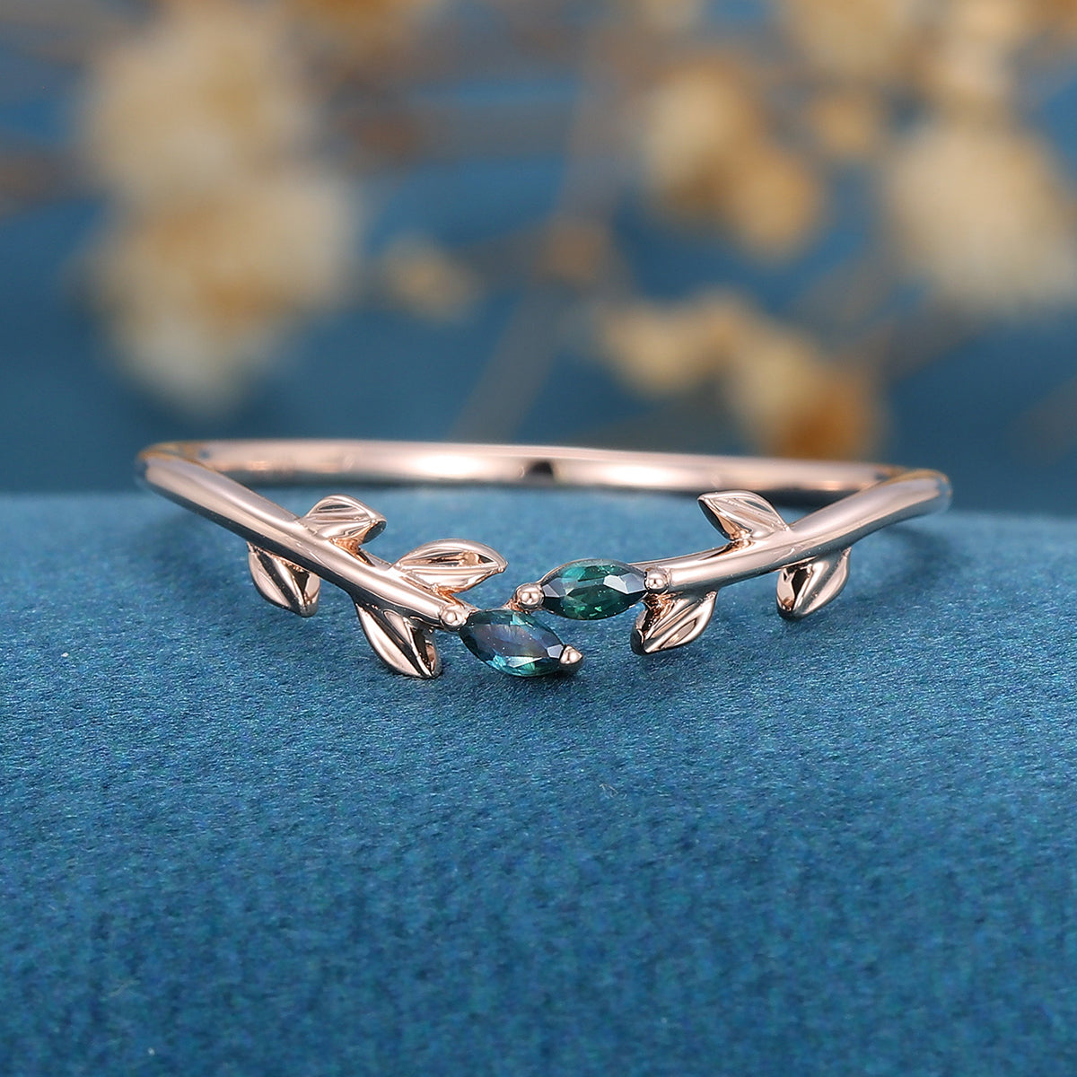 Marquise cut Blue Green Sapphire leaf Curved Wedding Band Ring