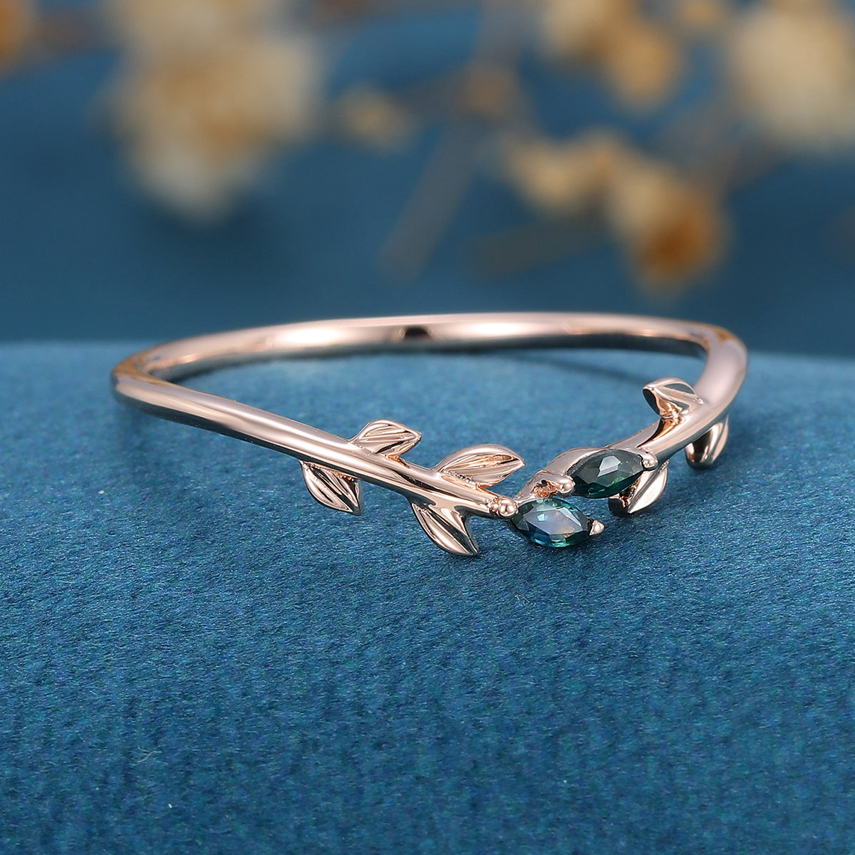 Marquise cut Blue Green Sapphire leaf Curved Wedding Band Ring