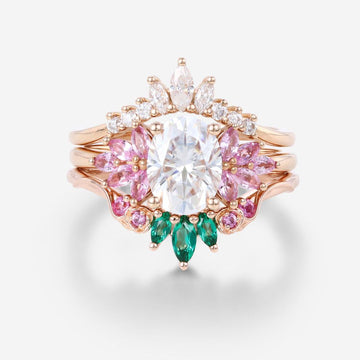 Oval cut Moissanite Matching Diamonds | Lab Grown Emerald | Natural Pink Sapphires Rose Gold Wedding Bridal Set