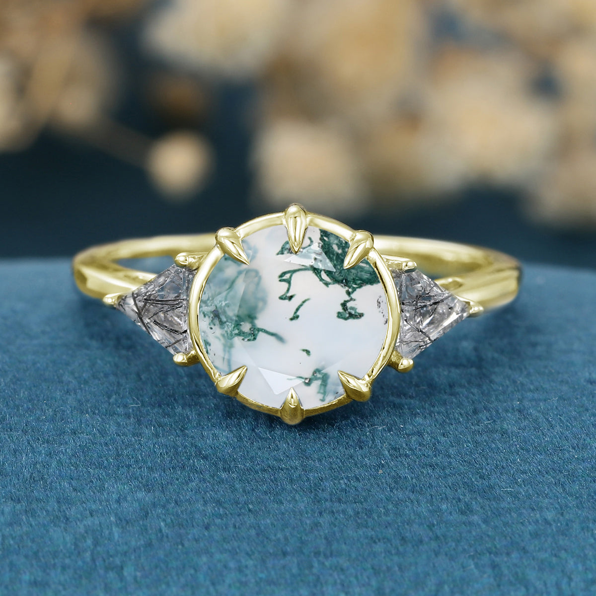 Solitaire Bezel Set Round cut Moss Agate Gold Engagement Ring