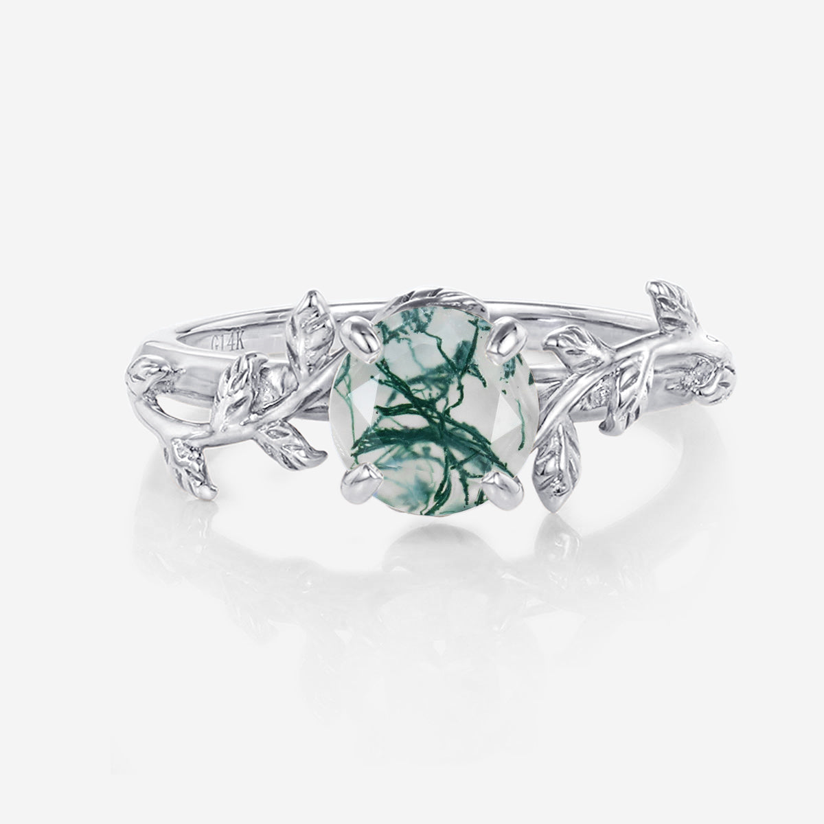 Nature Inspired Round cut Moss Agate Leaf Gold Engagement Ring