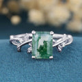 Nature Inspired Emerald cut Moss Agate Leaf Gold Engagement Ring