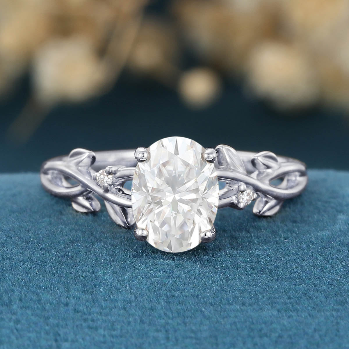 Nature Inspired Oval cut Moissanite Leaf Gold Engagement Ring